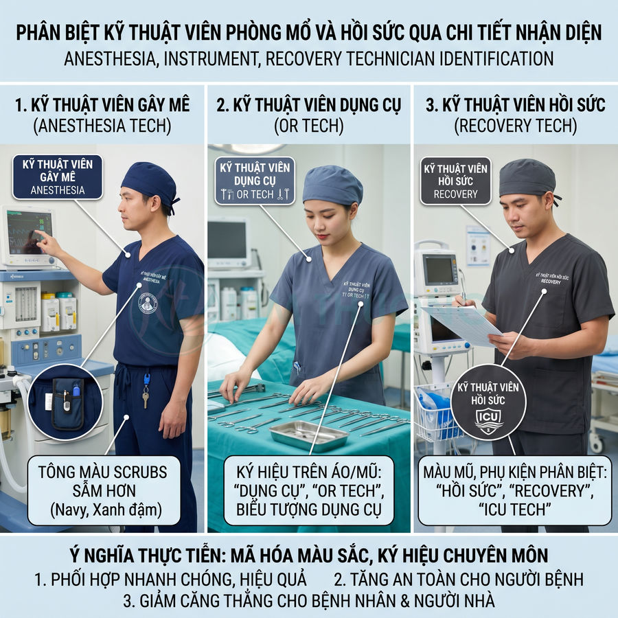 Ba kỹ thuật viên y tế mặc scrubs màu khác nhau đang làm việc với máy gây mê, dụng cụ phẫu thuật và hồ sơ hồi sức