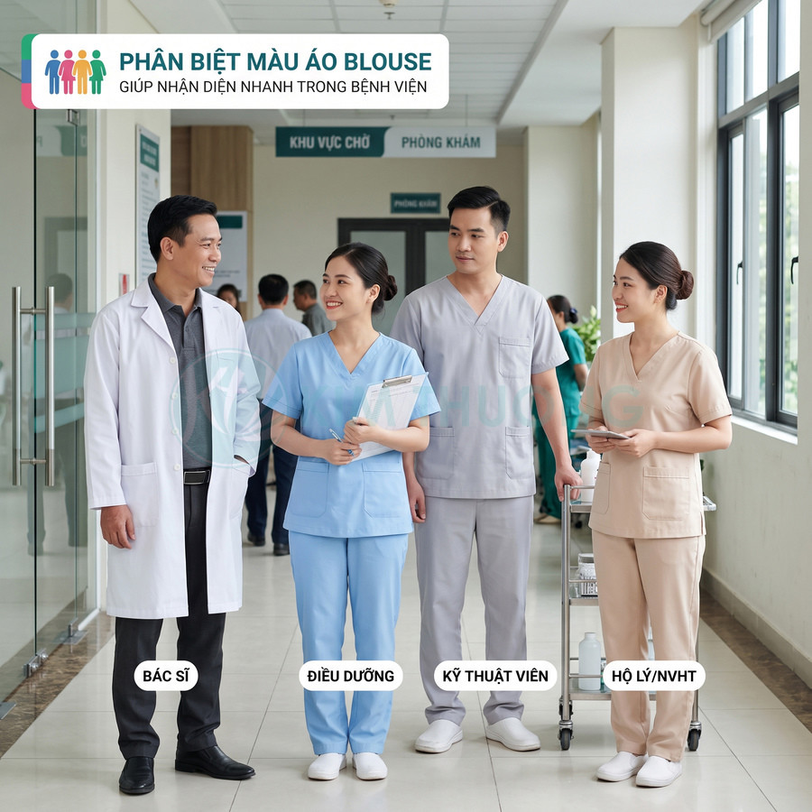 Đồng phục blouse bệnh viện với bác sĩ áo trắng, điều dưỡng áo xanh, kỹ thuật viên áo xám, hộ lý áo be