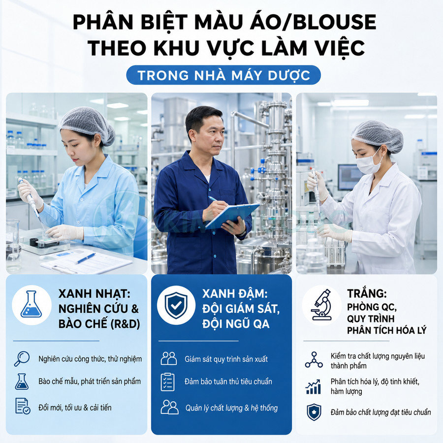 Phân biệt màu áo blouse nhân viên trong nhà máy dược theo từng bộ phận R&D, giám sát QA và phòng QC