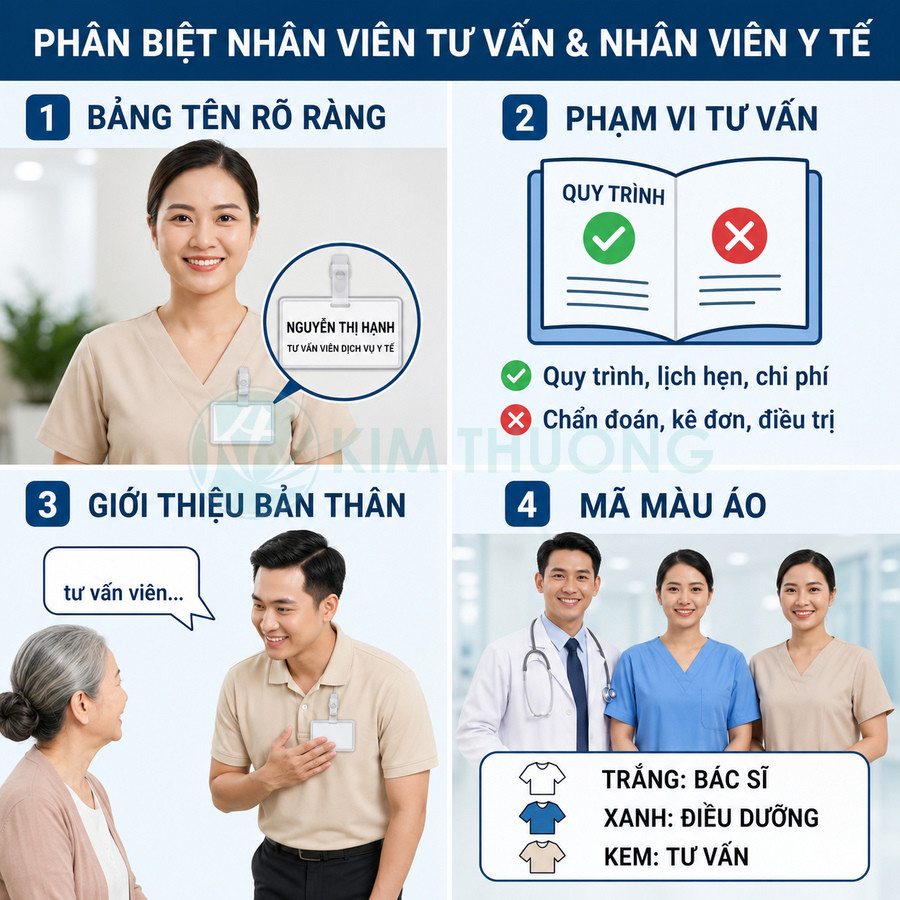 Hướng dẫn phân biệt nhân viên tư vấn và nhân viên y tế qua bảng tên, phạm vi tư vấn, giới thiệu bản thân và màu áo