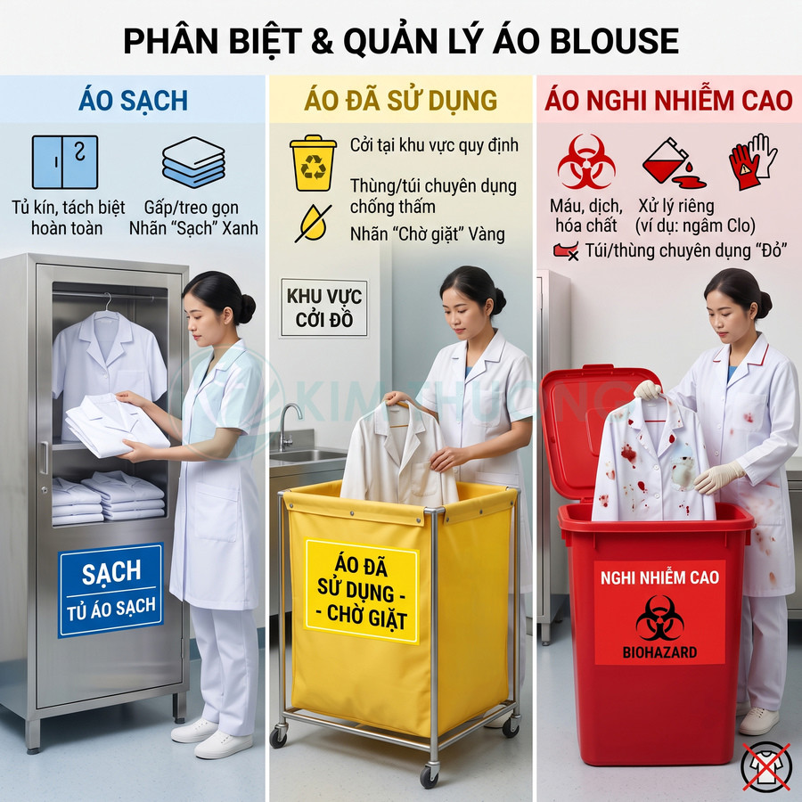 Quy trình phân loại áo blouse sạch, đã sử dụng và nghi nhiễm cao trong bệnh viện với tủ, thùng vàng và thùng đỏ