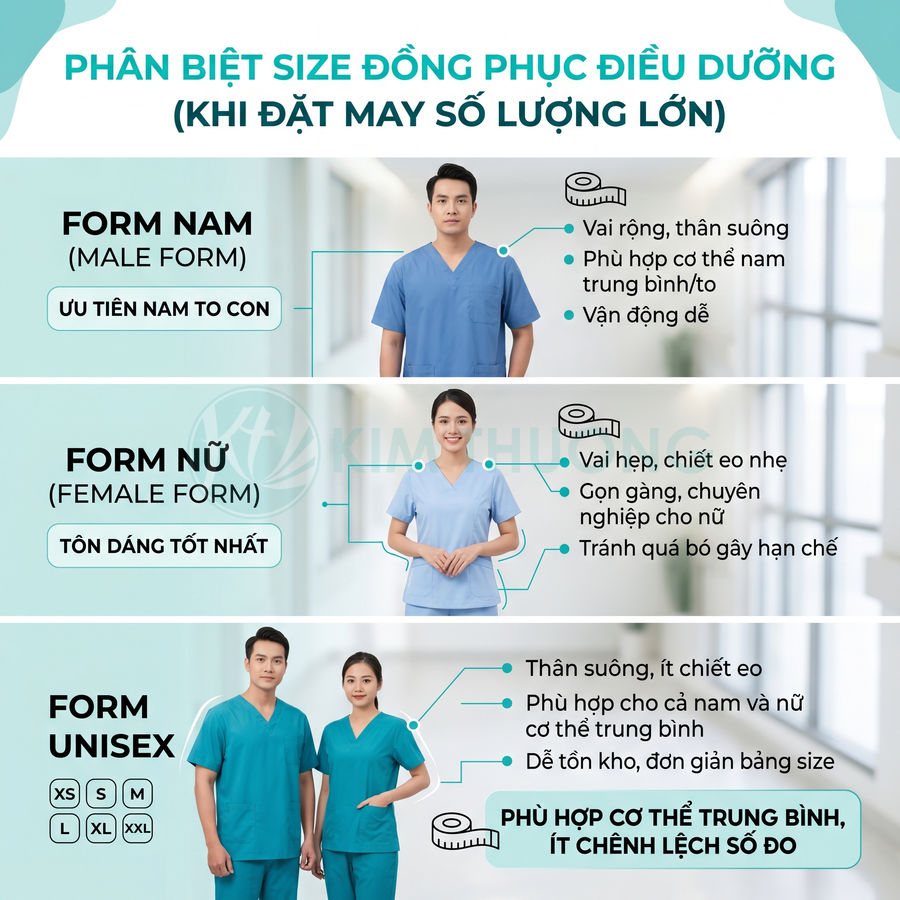 Bảng hướng dẫn chọn size đồng phục điều dưỡng form nam nữ và unisex với người mẫu mặc minh họa