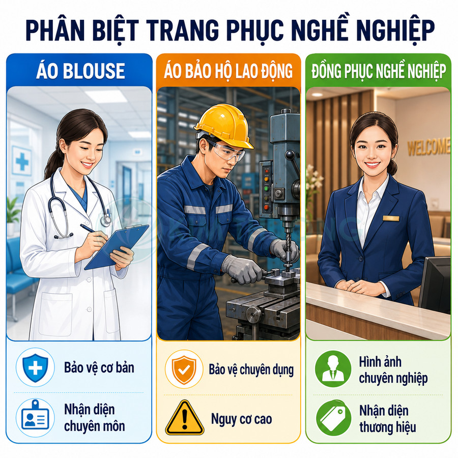 So sánh áo blouse bác sĩ, áo bảo hộ lao động và đồng phục lễ tân văn phòng trong môi trường làm việc