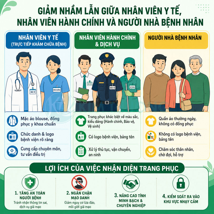 Hình minh họa phân biệt trang phục nhân viên y tế, nhân viên hành chính dịch vụ và người nhà bệnh nhân trong bệnh viện