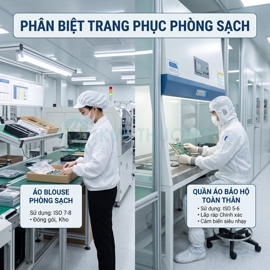 Nhân viên nhà máy điện tử mặc áo blouse và quần áo bảo hộ phòng sạch khi thao tác trên bảng mạch