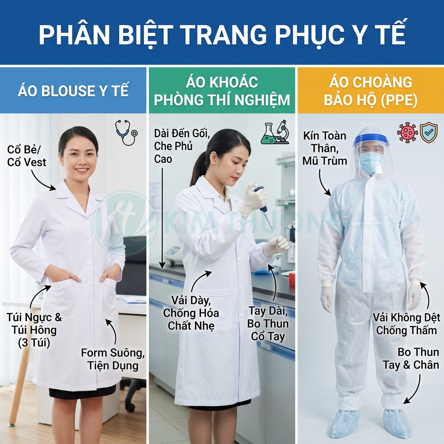 So sánh áo blouse y tế, áo khoác phòng thí nghiệm và áo choàng bảo hộ PPE trên người mẫu nữ