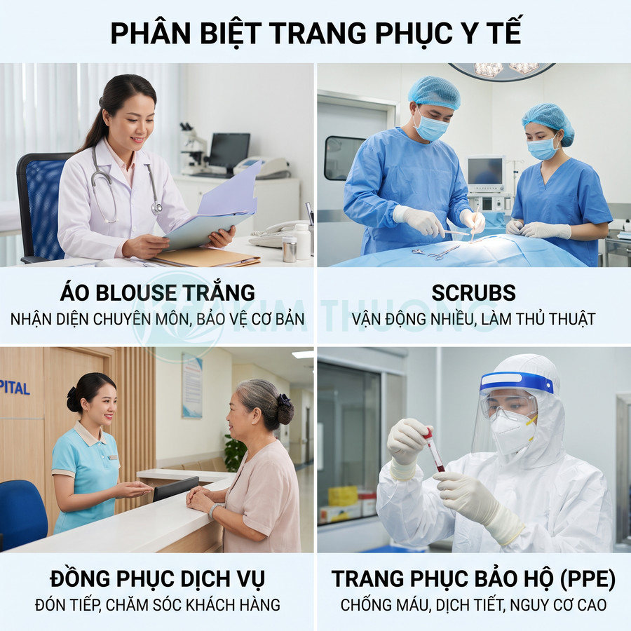 Các loại trang phục y tế gồm áo blouse trắng, scrubs, đồng phục dịch vụ và đồ bảo hộ PPE trong bệnh viện