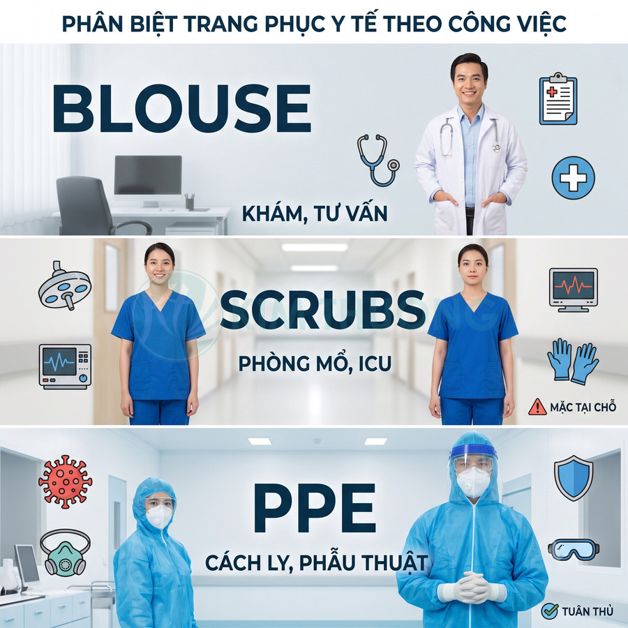 So sánh trang phục blouse, scrubs và đồ bảo hộ PPE cho bác sĩ, điều dưỡng trong các môi trường làm việc y tế