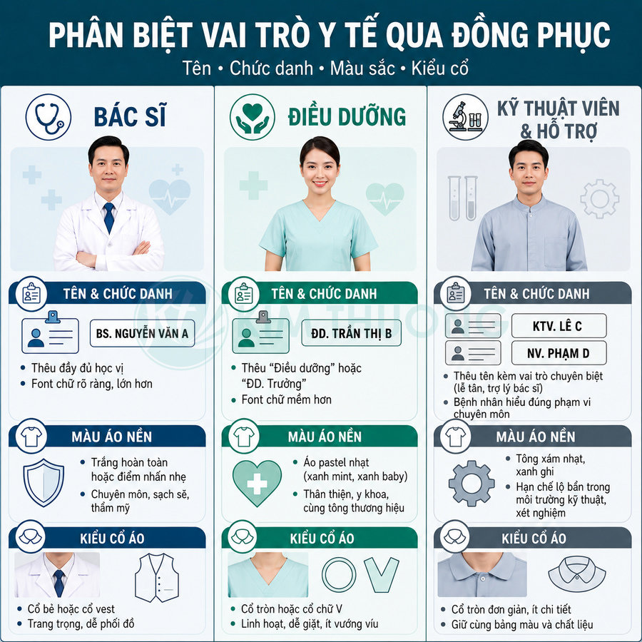 Bảng so sánh đồng phục bác sĩ, điều dưỡng và kỹ thuật viên y tế với màu áo và kiểu cổ khác nhau