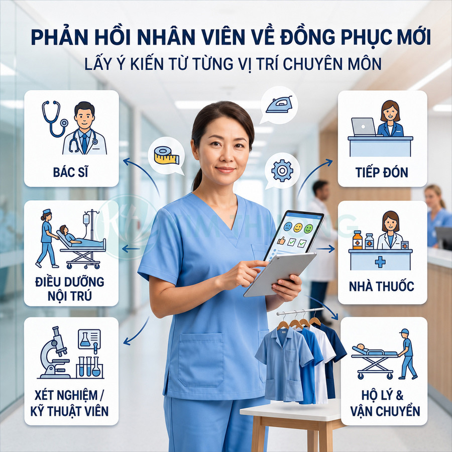 Nhân viên y tế mặc đồng phục bệnh viện màu xanh dương cầm tablet khảo sát ý kiến về mẫu đồng phục mới