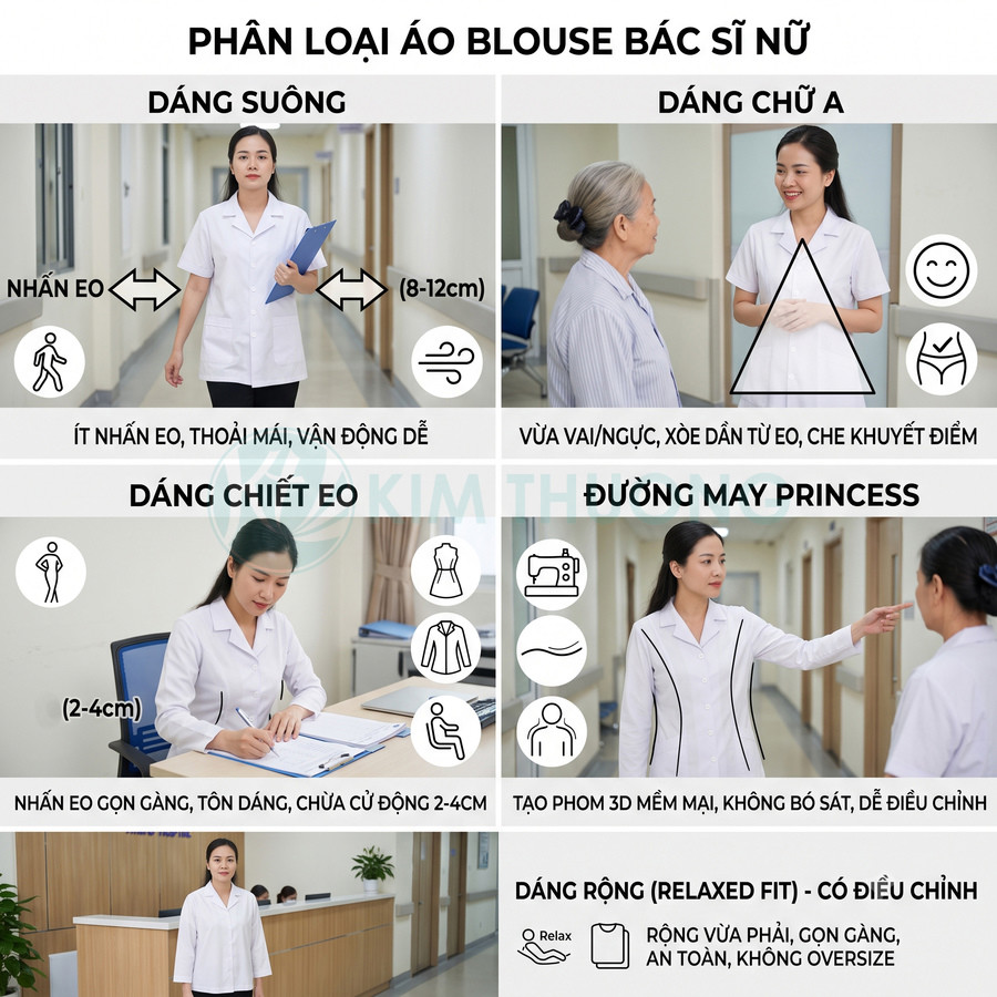 Các kiểu áo blouse bác sĩ nữ: dáng suông, dáng chữ A, dáng chiết eo, đường may princess, dáng rộng chỉnh được