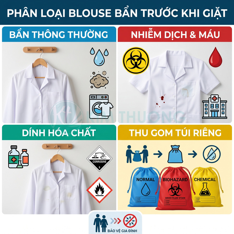 Hướng dẫn phân loại áo blouse bẩn dính bẩn thường, máu, hóa chất và thu gom vào các túi riêng