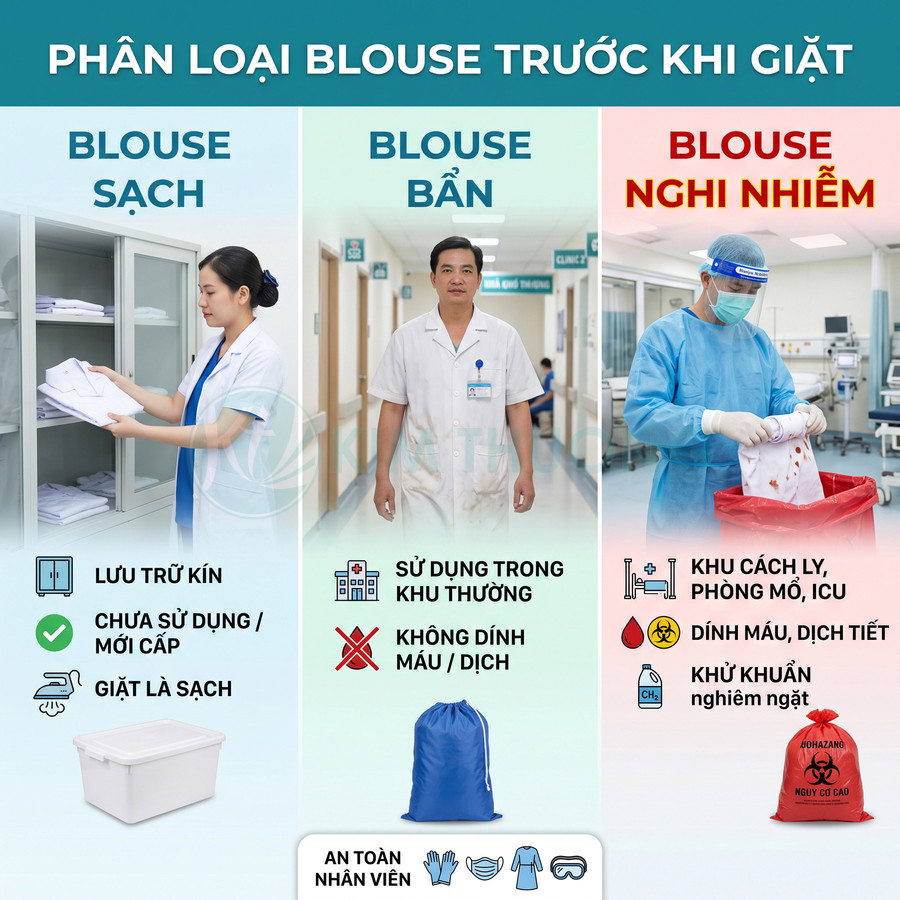 Hướng dẫn phân loại áo blouse sạch, bẩn và nghi nhiễm trước khi giặt trong bệnh viện
