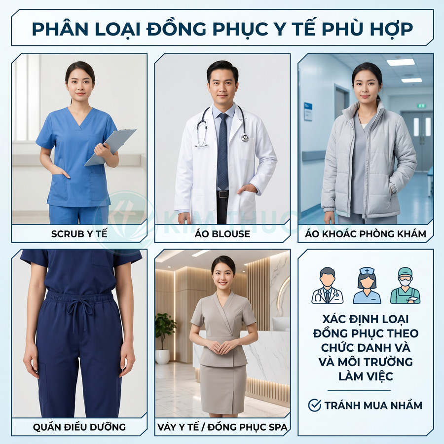 Các loại đồng phục y tế gồm scrub, áo blouse, áo khoác phòng khám, quần điều dưỡng và váy y tế spa
