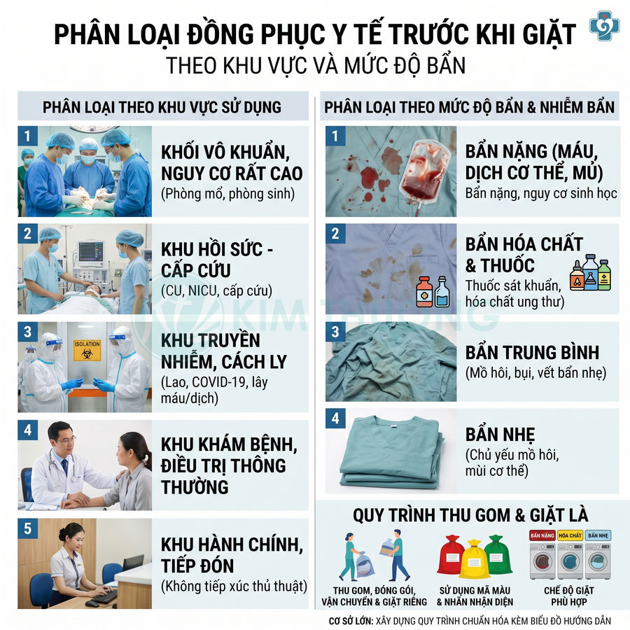 Bảng hướng dẫn phân loại và giặt là đồng phục y tế theo khu vực sử dụng và mức độ bẩn