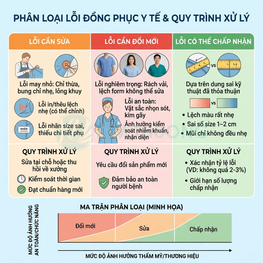 Bảng phân loại lỗi đồng phục y tế và quy trình xử lý theo mức độ sửa, đổi mới, chấp nhận