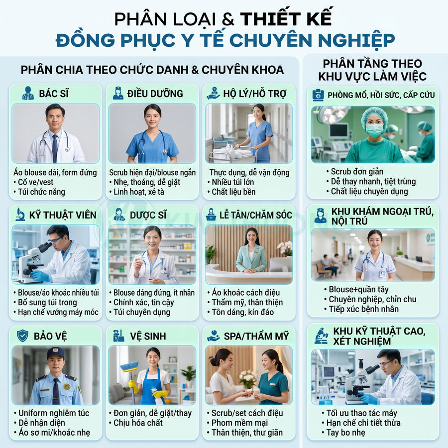 Bảng phân loại và thiết kế đồng phục y tế chuyên nghiệp cho bác sĩ, điều dưỡng, kỹ thuật viên, dược sĩ và nhân viên spa