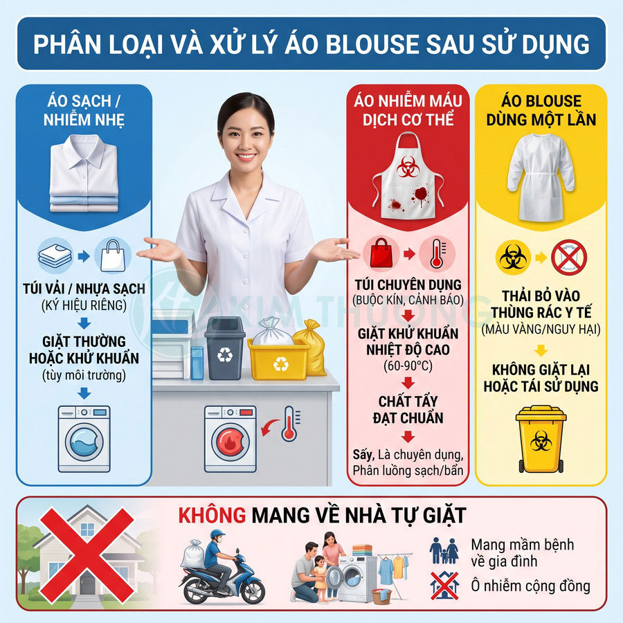 Hướng dẫn phân loại và xử lý áo blouse y tế sau sử dụng với các bước giặt, khử khuẩn và thải bỏ an toàn