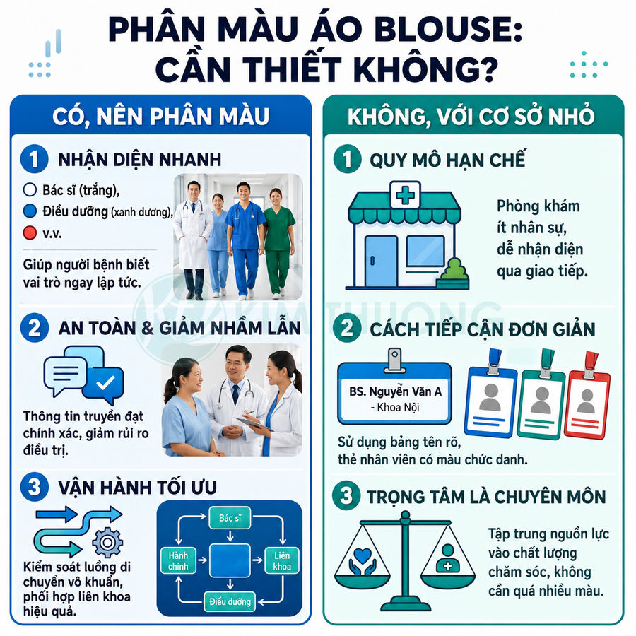 Infographic lợi ích phân màu áo blouse bác sĩ áo trắng điều dưỡng áo xanh giúp nhận diện nhanh và giảm nhầm lẫn trong bệnh viện