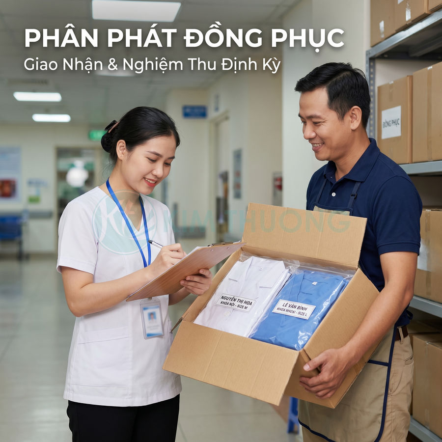 Nhân viên y tế ký nhận thùng đồng phục bệnh viện mới được giao trong kho lưu trữ