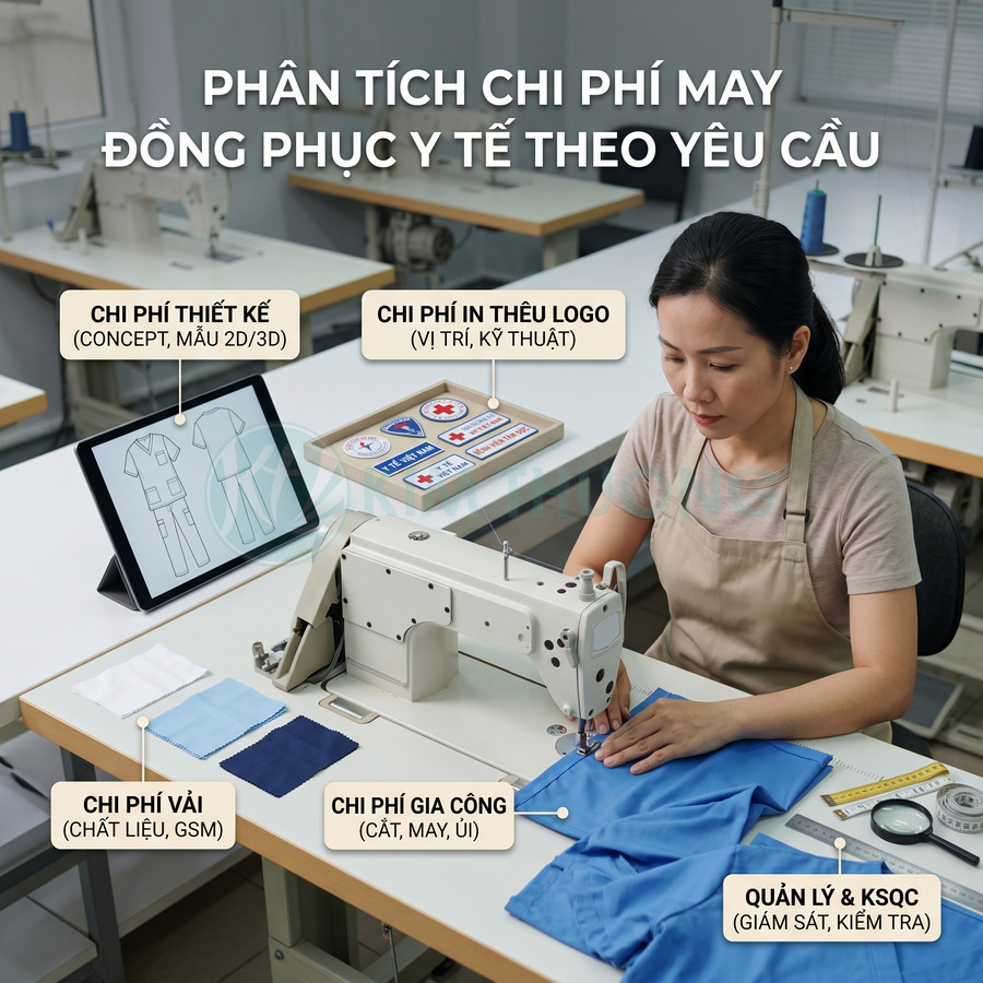 Thợ may đang may đồng phục y tế màu xanh trên máy may công nghiệp, cạnh mẫu thiết kế và logo in thêu