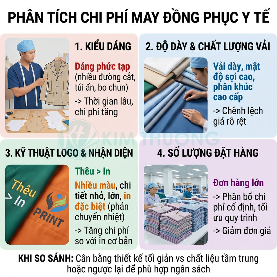 Infographic phân tích các yếu tố ảnh hưởng chi phí may đồng phục y tế như kiểu dáng, chất liệu vải, logo và số lượng