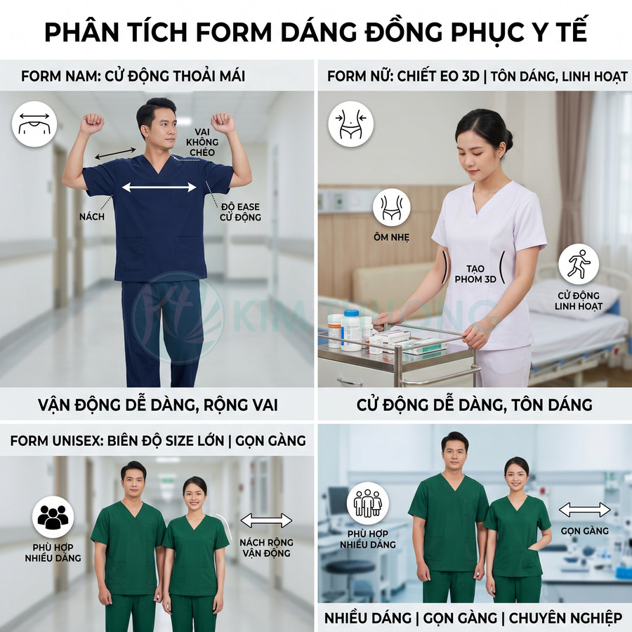 Mẫu đồng phục y tế nam nữ và unisex màu xanh, trắng, thiết kế rộng vai, ôm nhẹ, dễ vận động, phù hợp nhiều dáng người