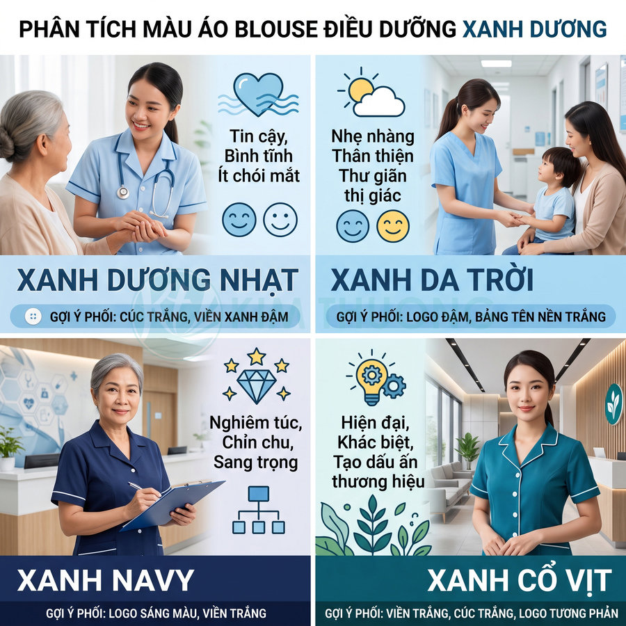 Các mẫu áo blouse điều dưỡng màu xanh dương nhạt, xanh da trời, xanh navy và xanh cổ vịt cho nhân viên y tế