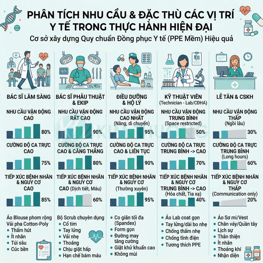 Bảng phân tích nhu cầu và đặc thù các vị trí y tế để xây dựng quy chuẩn đồng phục PPE mềm hiệu quả