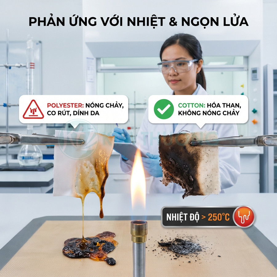 Thử nghiệm vải polyester nóng chảy và vải cotton hóa than khi tiếp xúc với lửa trên 250 độ C