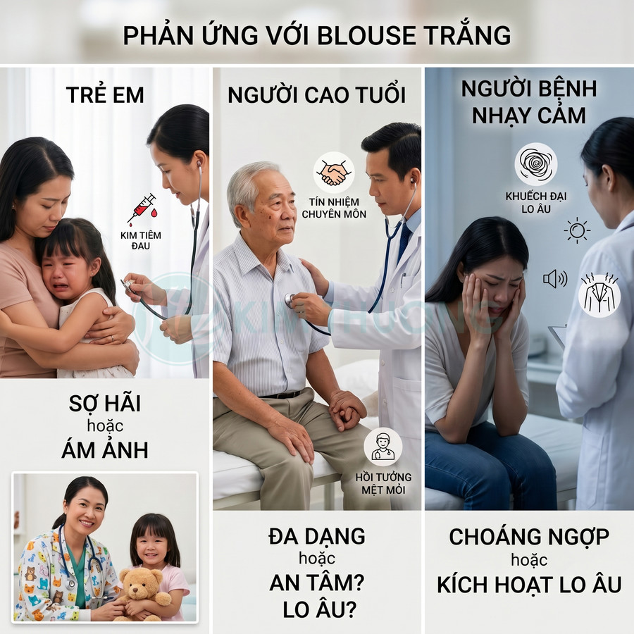 Bác sĩ mặc áo blouse trắng khám cho trẻ em, người cao tuổi và bệnh nhân nhạy cảm với các phản ứng tâm lý khác nhau