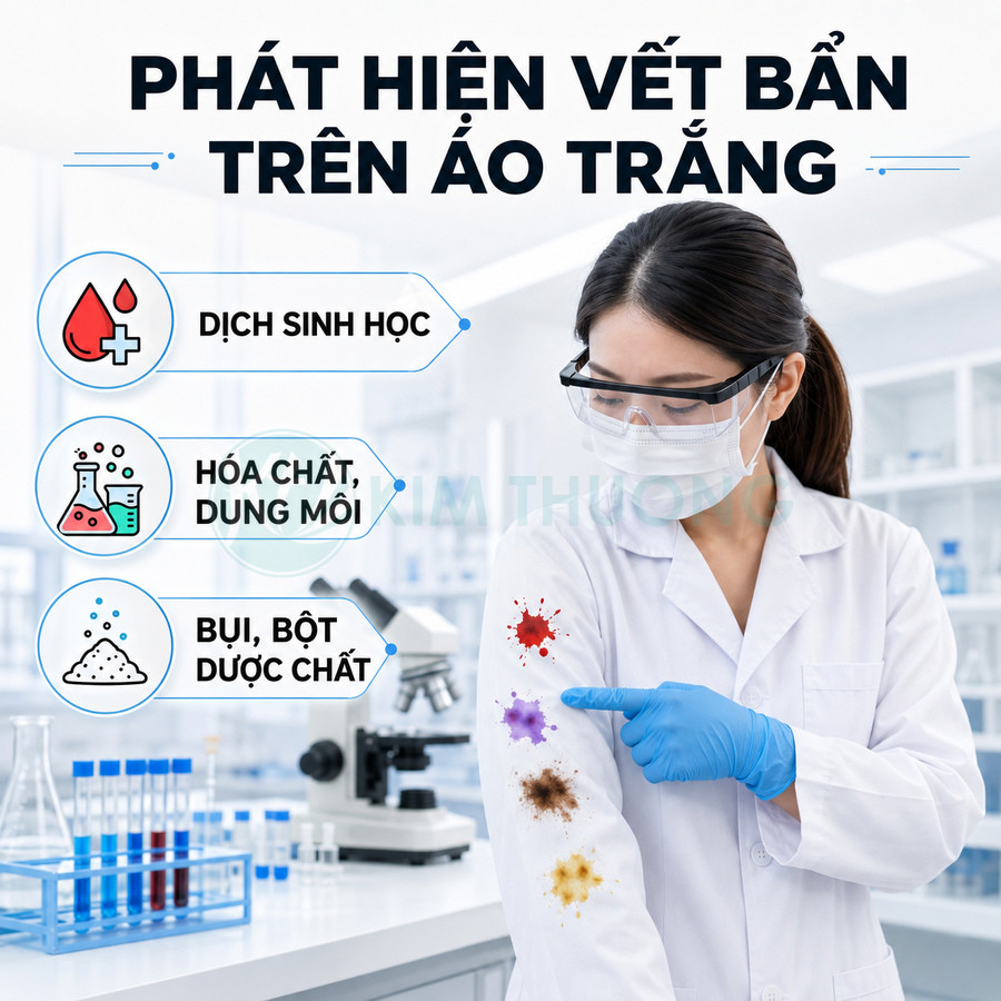 Nhân viên phòng thí nghiệm chỉ vào các vết bẩn nhiều màu trên áo blouse trắng cạnh kính hiển vi