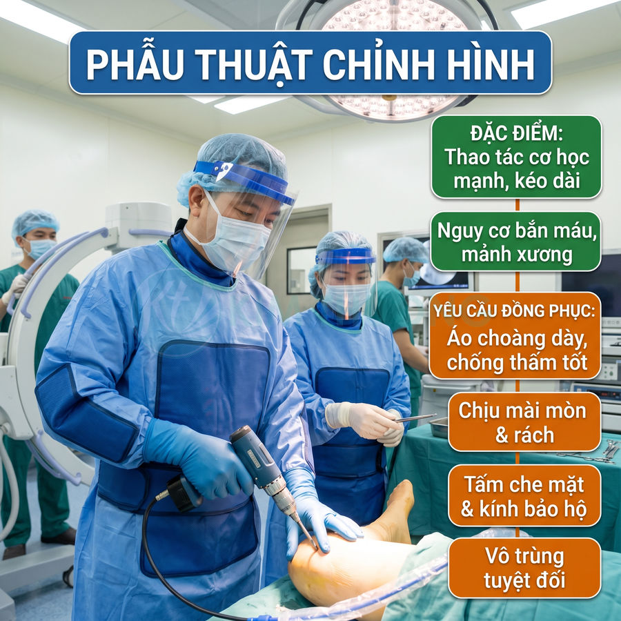 Bác sĩ phẫu thuật chỉnh hình mặc áo choàng y tế dày, dùng khoan điện mổ chân bệnh nhân trong phòng mổ vô trùng
