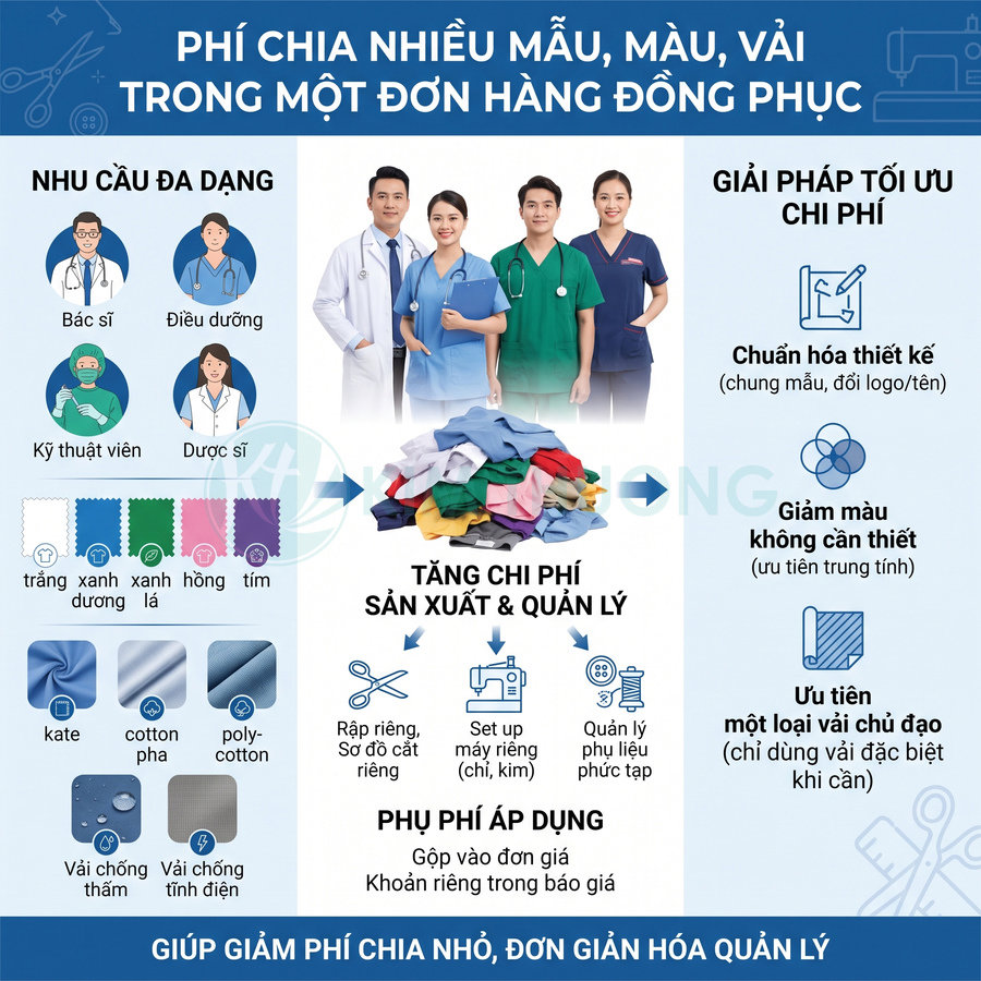 Đồng phục y tế nhiều màu và chất liệu làm tăng chi phí sản xuất khi chia nhỏ đơn hàng