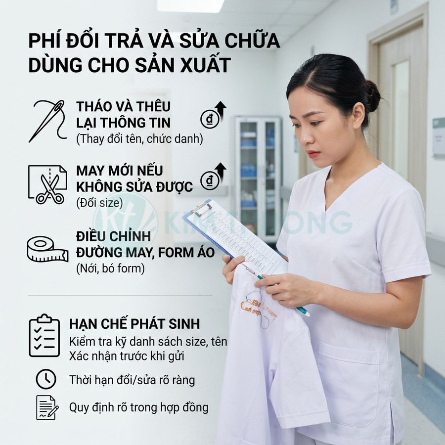Nhân viên y tế mặc đồng phục trắng kiểm tra áo blouse và bảng thông tin phí sửa chữa đổi trả