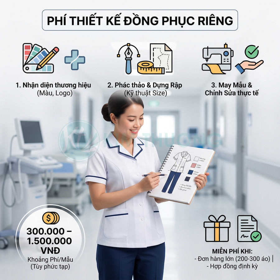 Nhân viên y tế mặc đồng phục trắng xanh cầm sổ thiết kế giới thiệu quy trình thiết kế đồng phục riêng