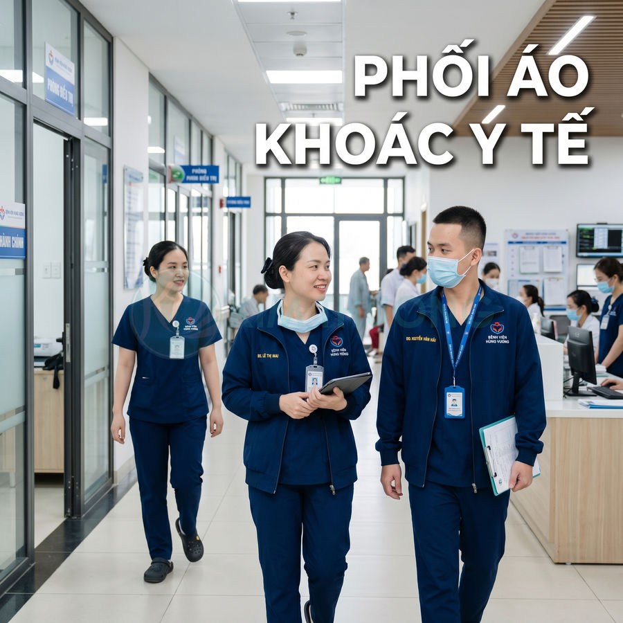 Bác sĩ mặc áo khoác y tế màu xanh navy đồng phục bệnh viện đi trong hành lang phòng khám