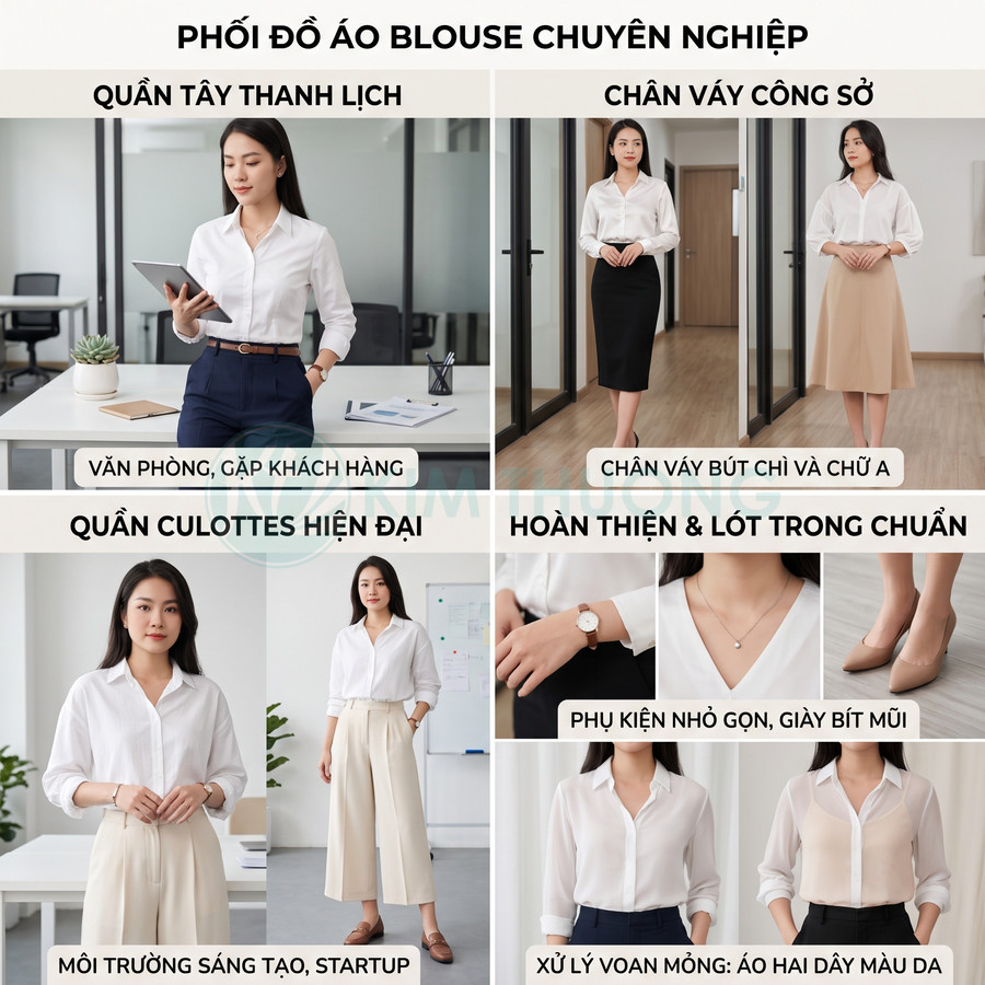 Các cách phối đồ áo blouse trắng công sở với quần tây, chân váy, quần culottes và phụ kiện thanh lịch