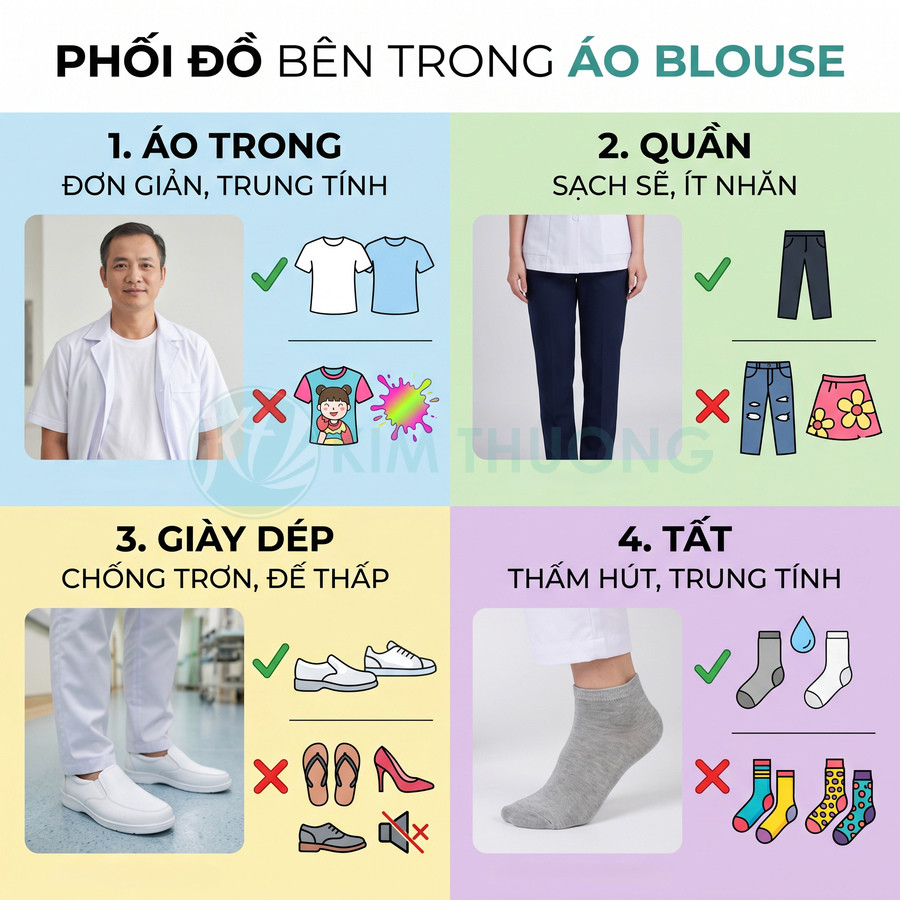 Hướng dẫn phối đồ bên trong áo blouse với áo trong, quần, giày dép và tất đơn giản, trung tính cho nhân viên y tế
