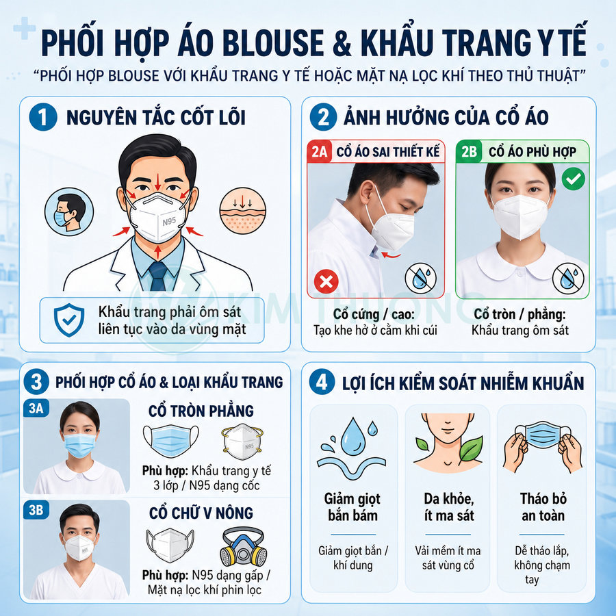 Hướng dẫn phối hợp áo blouse cổ tròn phẳng với khẩu trang y tế và N95 để ôm sát mặt, giảm giọt bắn và ma sát da