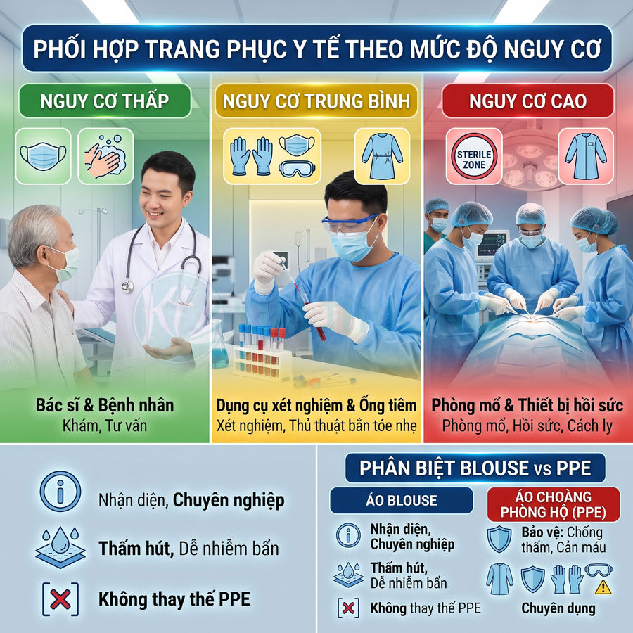 Bảng hướng dẫn phối hợp trang phục y tế và phân biệt áo blouse với áo choàng phòng hộ PPE theo mức độ nguy cơ