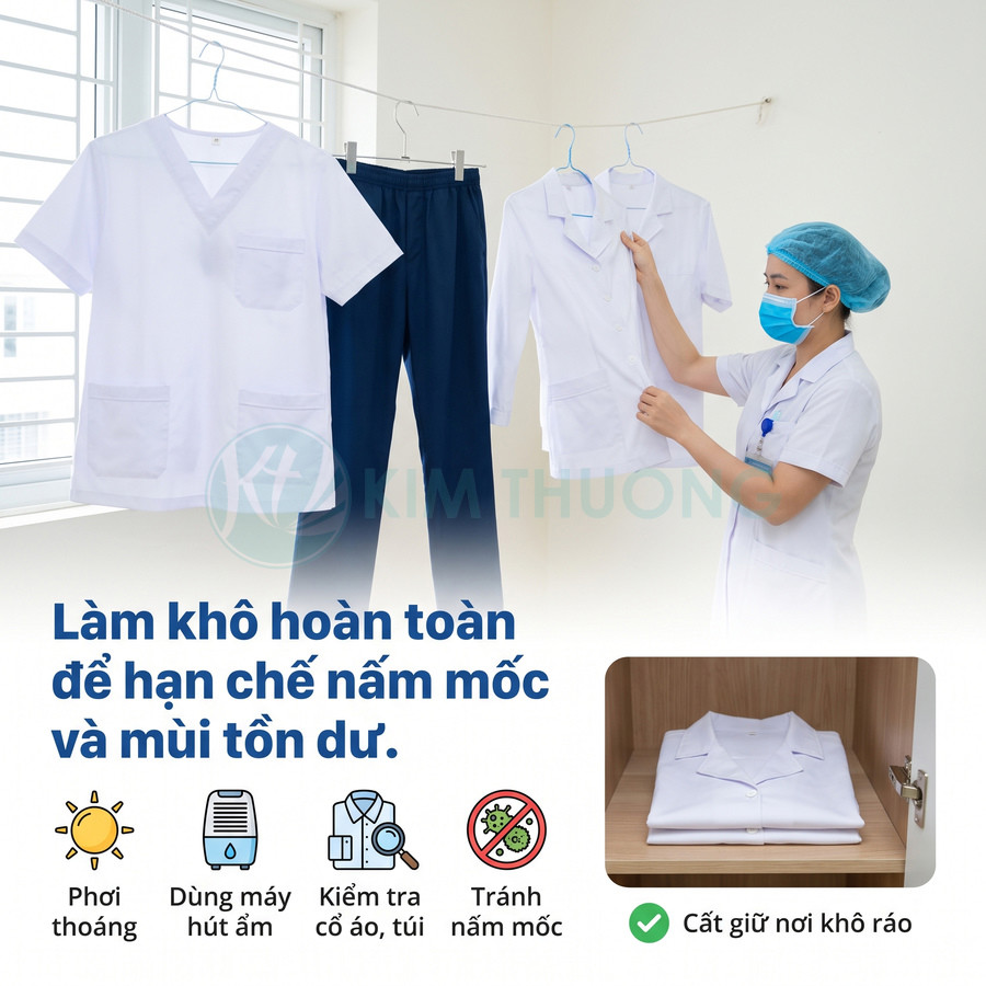 Đồng phục y tế gồm áo scrub trắng cổ tim, quần xanh navy và áo blouse trắng đang được kiểm tra và phơi khô