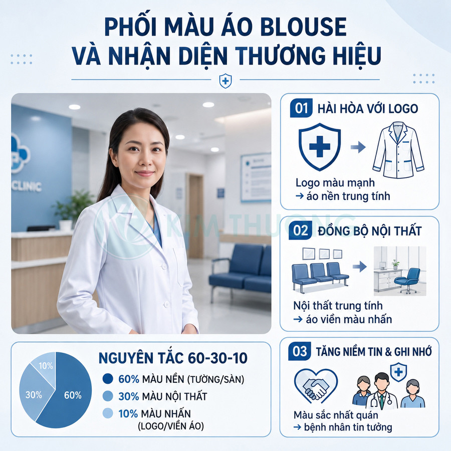 Nữ bác sĩ mặc áo blouse trắng đứng trong phòng khám hiện đại với nội thất xanh trắng hài hòa thương hiệu