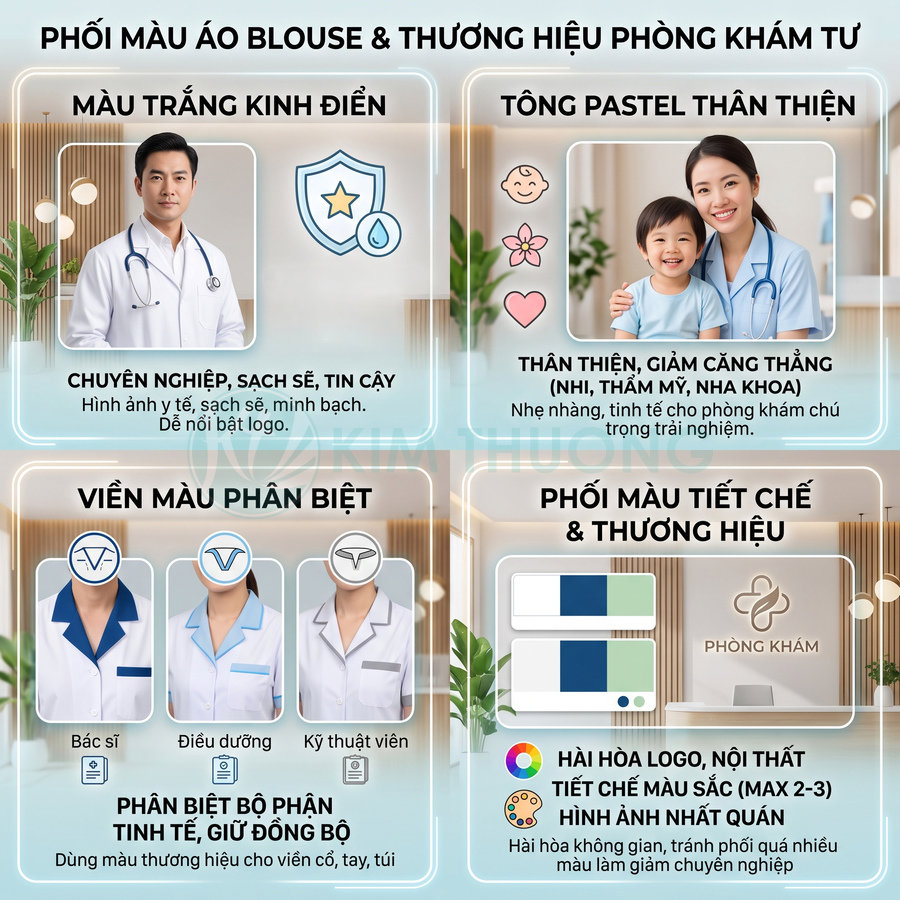 Hướng dẫn phối màu áo blouse và đồng phục y tế cho phòng khám tư, nhấn mạnh sự chuyên nghiệp và thân thiện