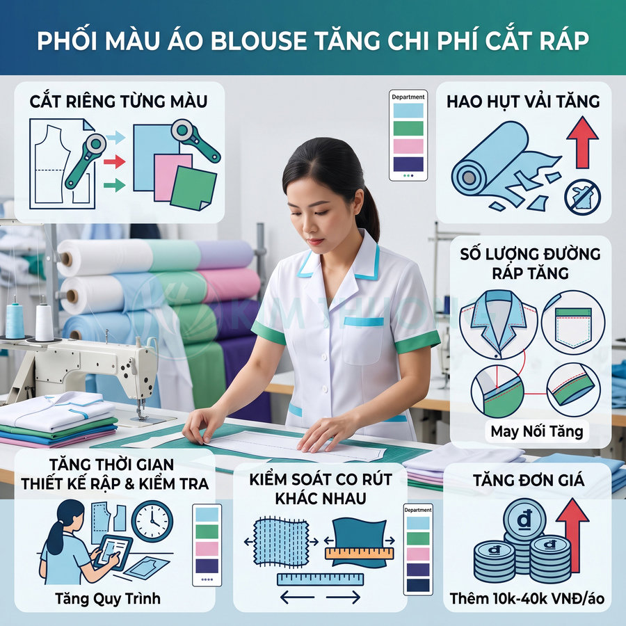 Nhân viên may mặc mặc áo blouse phối màu xanh trắng đang thiết kế rập áo trên bàn cắt vải trong xưởng may