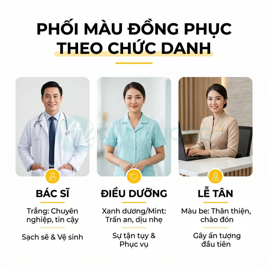 Mẫu đồng phục bác sĩ áo blouse trắng, điều dưỡng áo xanh mint và lễ tân áo vest màu be trong bệnh viện