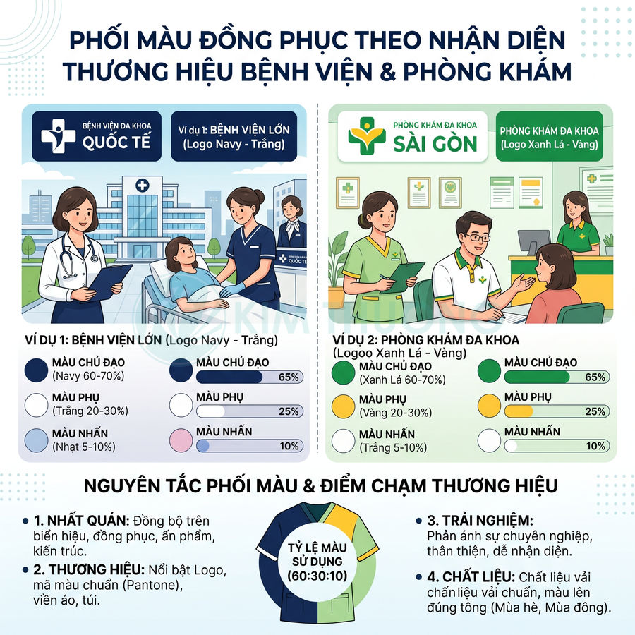 Hướng dẫn phối màu đồng phục bệnh viện và phòng khám theo nhận diện thương hiệu, minh họa bác sĩ và bệnh nhân