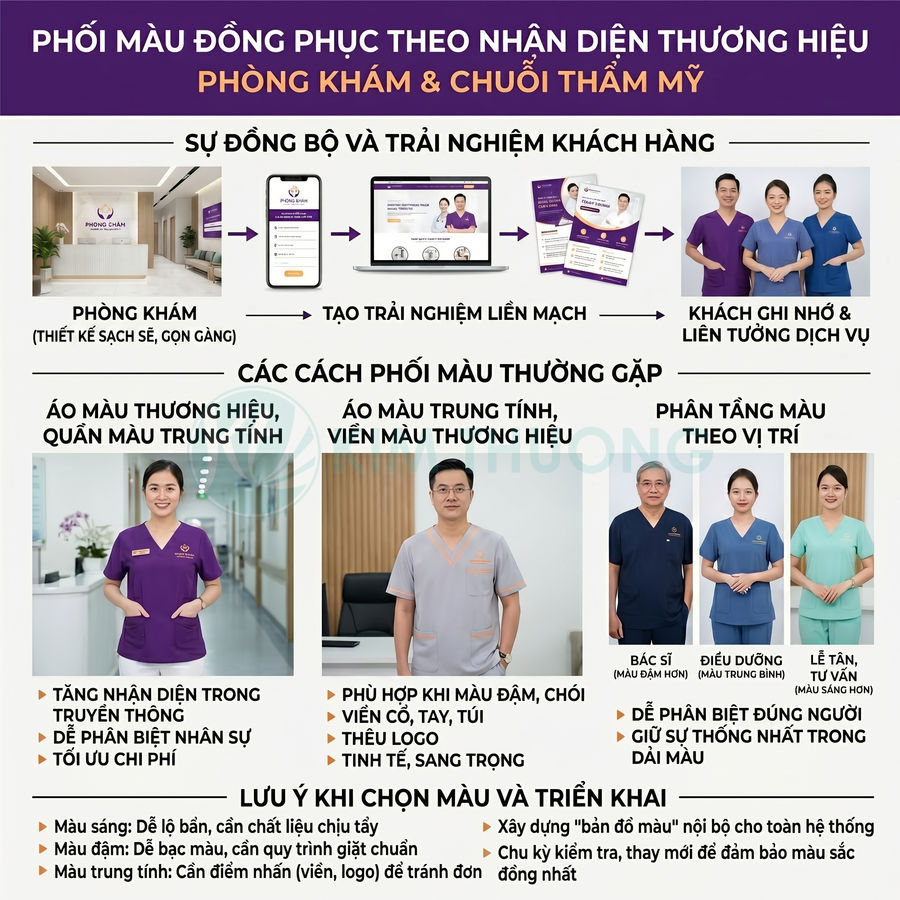 Mẫu thiết kế đồng phục phòng khám và chuỗi thẩm mỹ với các phối màu thương hiệu cho bác sĩ, điều dưỡng, lễ tân