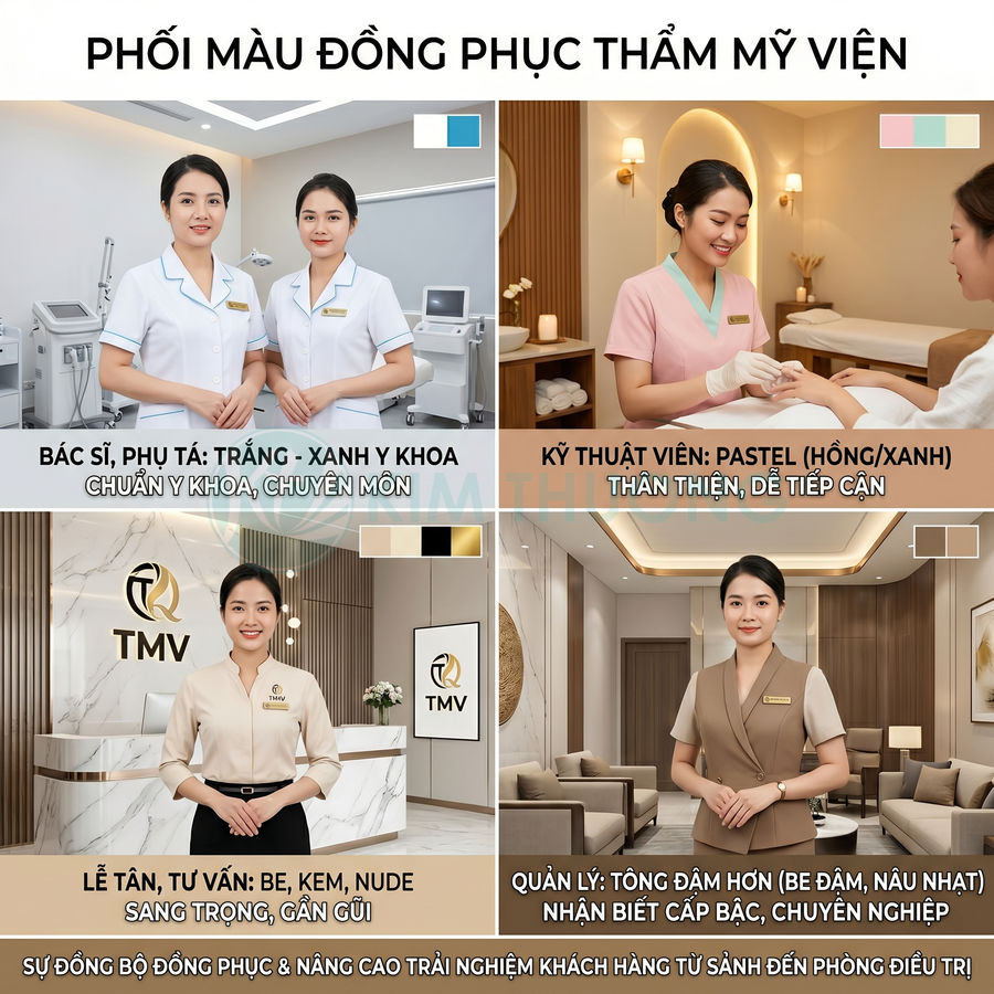 Mẫu đồng phục thẩm mỹ viện cho bác sĩ, kỹ thuật viên, lễ tân và quản lý với các tông trắng, pastel, be và nâu