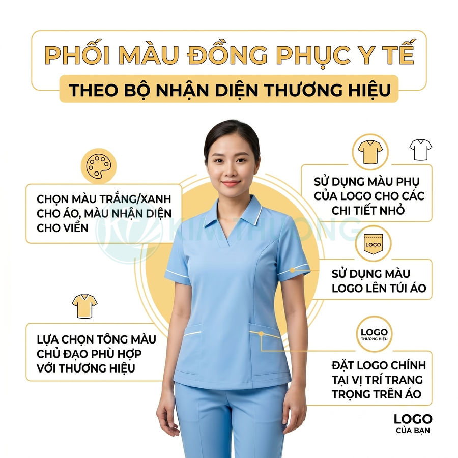 Nữ nhân viên y tế mặc bộ đồng phục màu xanh dương viền trắng, thiết kế túi áo và vị trí đặt logo thương hiệu